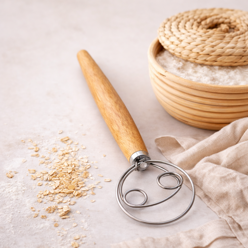 Metal dough whisk with wooden handle on a light surface with oats and a woven basket.
