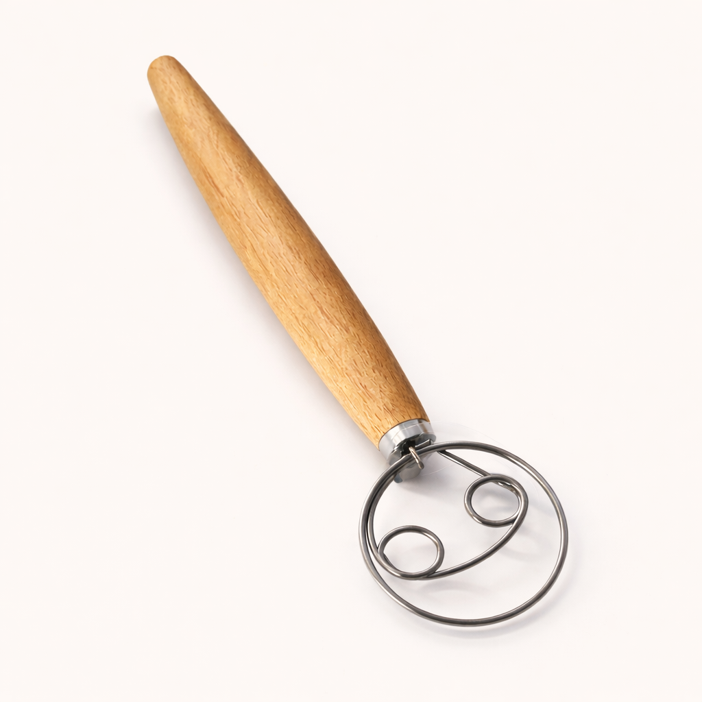 Wooden-handled metal sourdough whisking tool on a white background